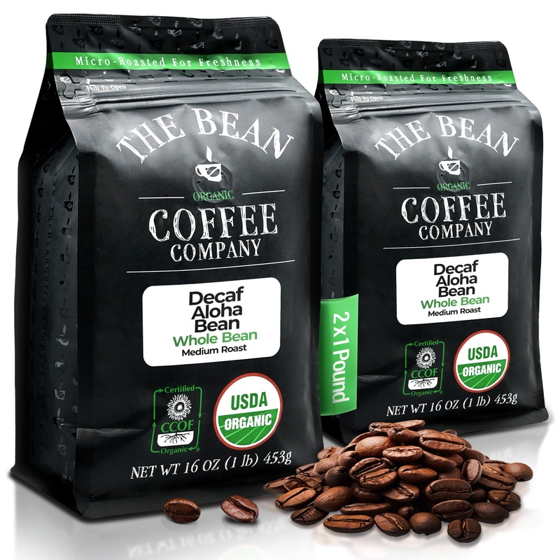 The Bean Coffee Organic Coffee Company Water Processed Decaf Aloha Bean (Hawaiian Hazelnut), Medium Roast, Whole Bean Coffee, 16