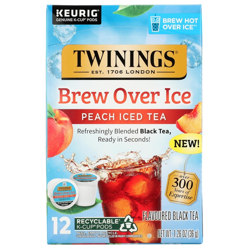 Twinings Brew Over Ice Unsweetened Peach Flavoured Black Iced Tea K-Cup Pods For Keurig, Caffeinated, 12 Count