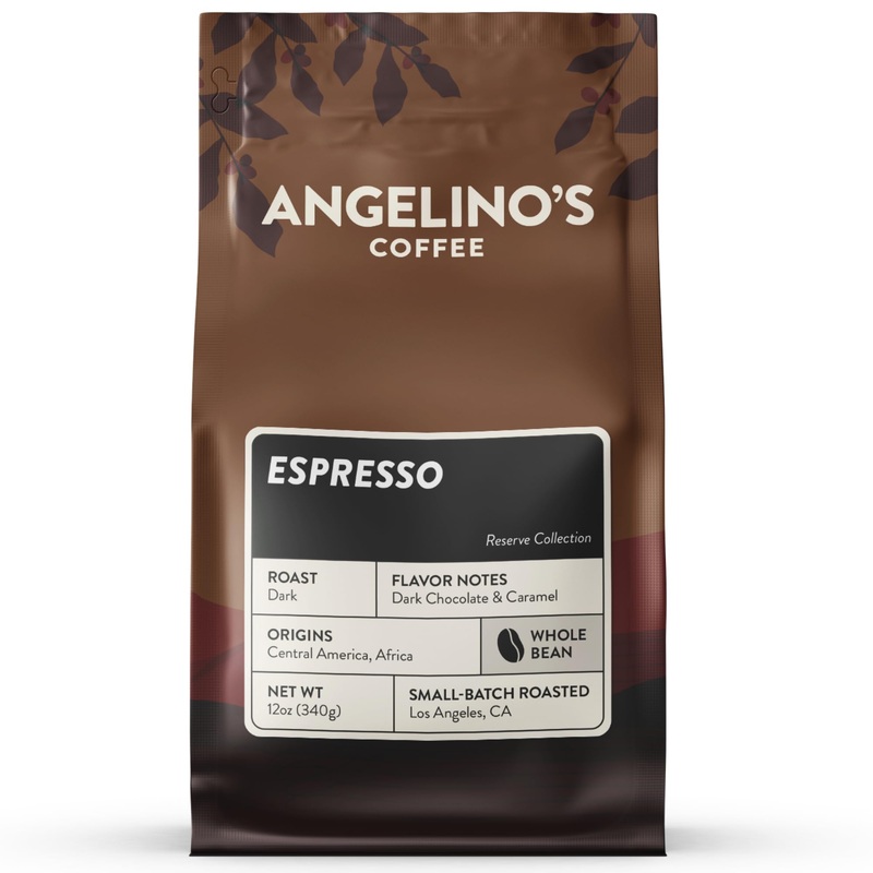 Angelino’s Coffee Dark Roast Espresso Beans, 12oz Whole Bean with Dark Chocolate & Caramel Notes, Small Batch Crafted Reserve Collection