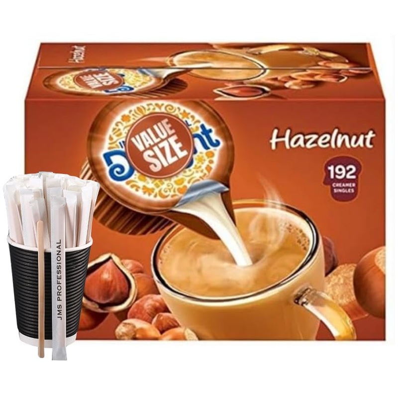 Coffee Creamer Single Hazelnut (192 Ct.), As A Gift 20 Pcs Paper Wrapped Wood Coffee Stirrers By Jmsprofessional.