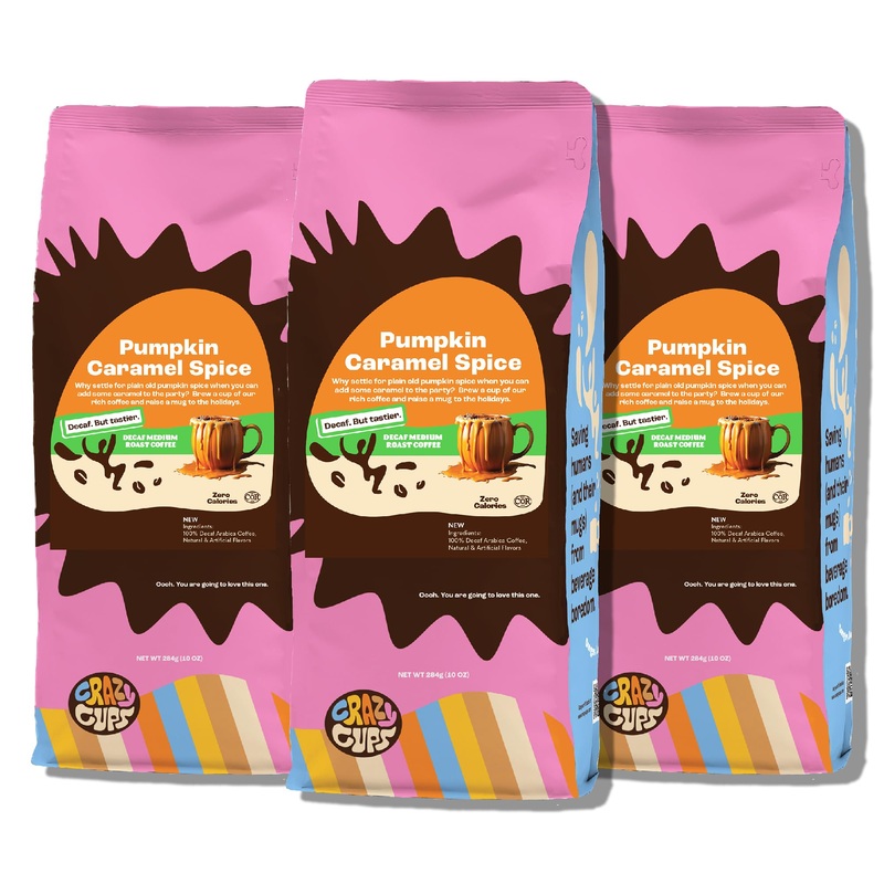 Crazy Cups Decaf Flavored Ground Coffee, Decaf Pumpkin Caramel Spice Coffee, In 10 Oz Bags, For Brewing Flavored Hot Or Iced Dec