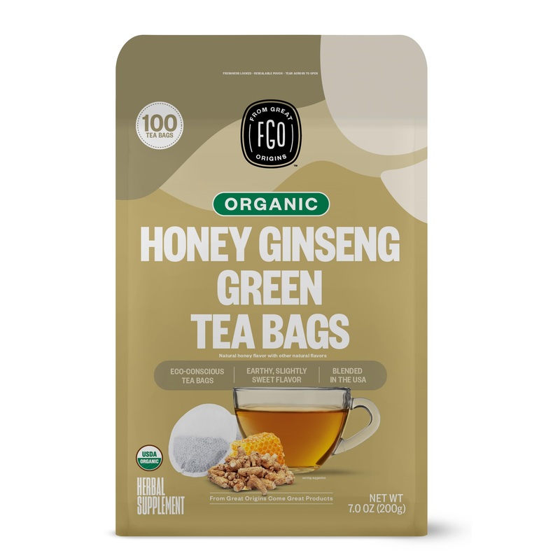 Fgo Organic Honey Ginseng Green Tea, 100 Count, Eco-Conscious Tea Bags, Resealable Bag, Packaging May Vary (Pack Of 1)