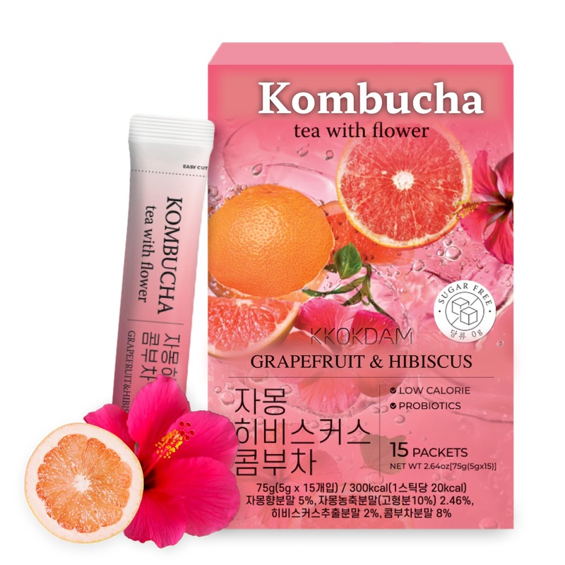 KKOKDAM Kombucha Tea 15 Packs – Peach & Cherryblossom Probiotic Drinks, Sugar Free, Low Calorie, 5g Each, Korean Tea
