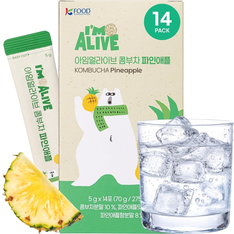 Korean Food I’M Alive Kombucha Powder Pineapple(5G*14 Sticks) Authentic Fermented Kombucha With Papain & Bromelain For 7 Days, N