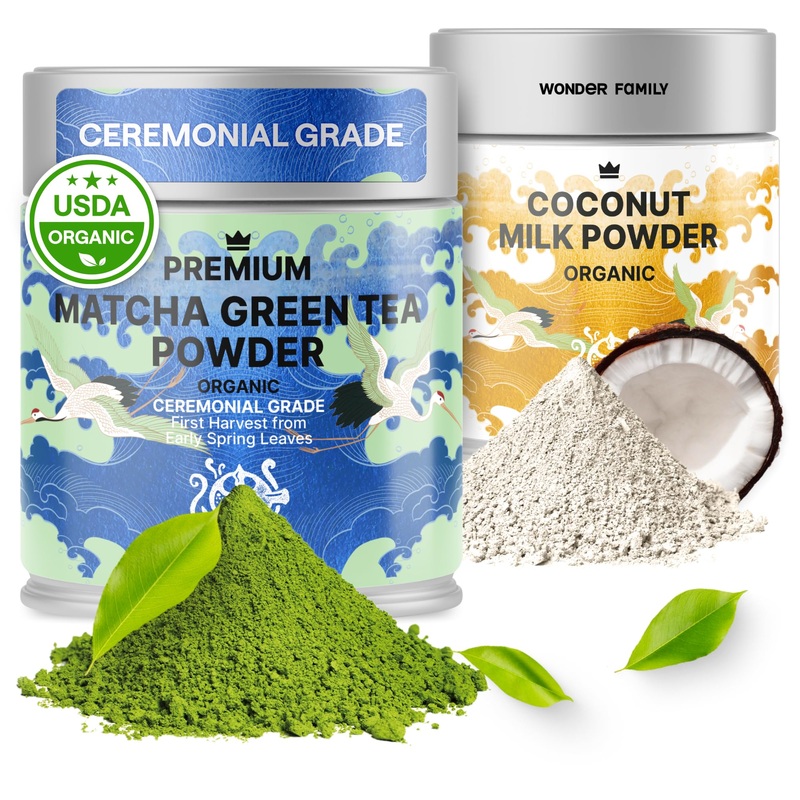 Matcha Set With Ceremonial Grade Matcha & Coconut Milk Powder – Sugar Free Macha Latte Powder – Alternative To Coffee & Green Te