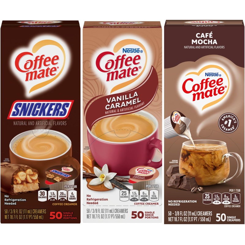 Nestle Coffee Mate Liquid Coffee Creamer Singles Variety Pack, Snickers, Vanilla Caramel, Cafe Mocha, 50 Ct Box (Pack Of 3)