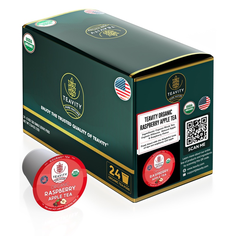 Organic Raspberry Apple Black Tea Pods For Keurig – Naturally Caffeinated Fruit Tea By Teavity (24 Tea Pods)