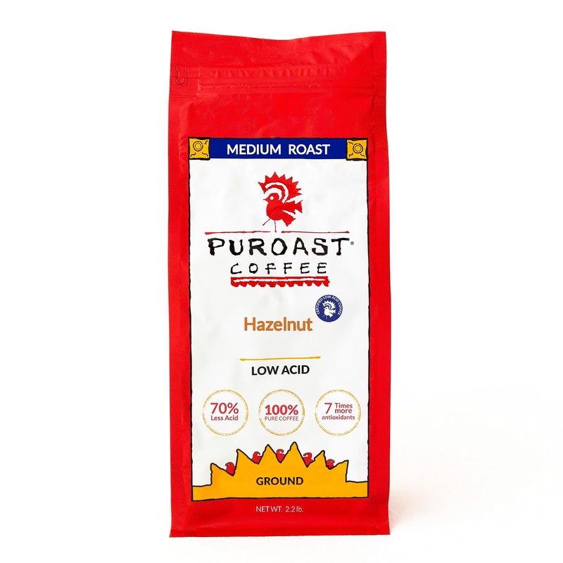 Puroast Low Acid Coffee Flavored | Hazelnut Ground | Medium Roast | High Antioxidants & High Ph |No Bitter Aftertaste | Reduced
