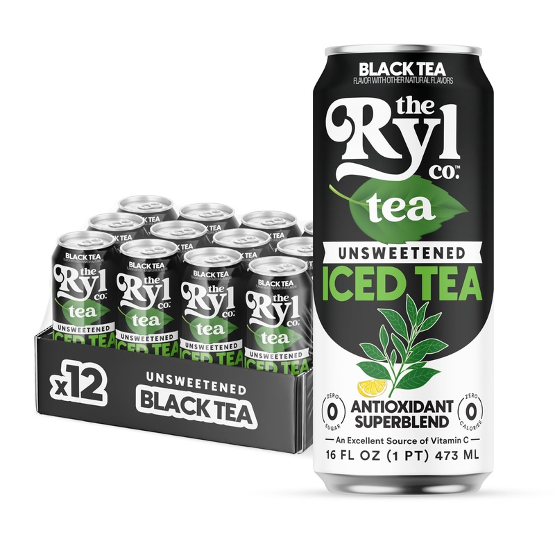 Ryl Unsweetened Black Iced Tea, 12-Pack (16oz), Zero Sugar, Low Carb, Non-GMO, Antioxidant Superblend, Gluten Free, Kosher