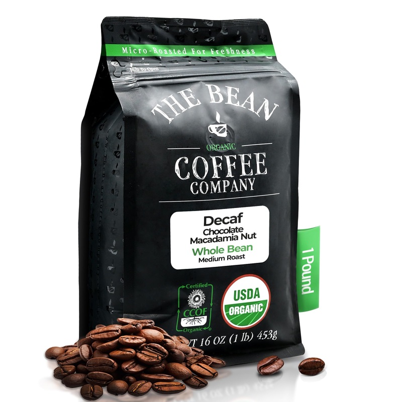 The Bean Organic Coffee Company Water Processed Decaf Chocolate Macadamia Nut, Medium Roast, Whole Bean Coffee, 16-Ounce Bag