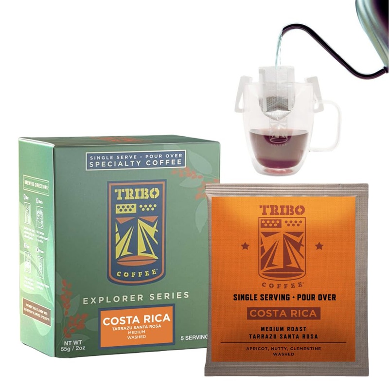 Tribo Coffee Single-Serve Portable Pour Over Drip Coffee – Costa Rica – Washed – 5 Servings Per Box (Medium Roast)