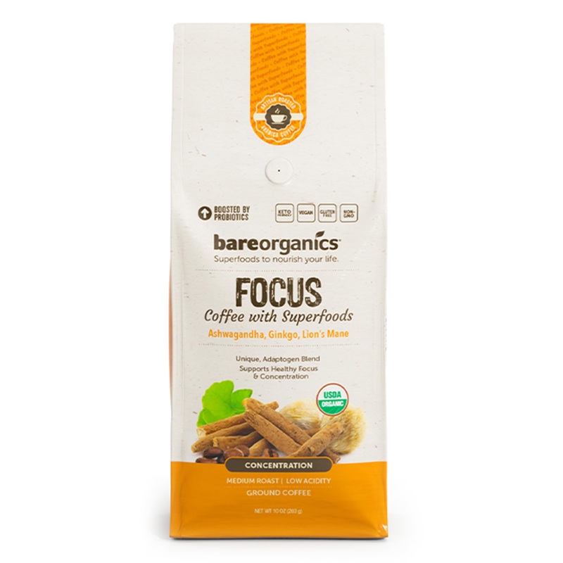 Bareorganics Artisan Ground Focus Bagged Coffee With Superfoods, Medium Roast, Non-Gmo & Gluten-Free, Ginkgo, Ashwagandha & Lion