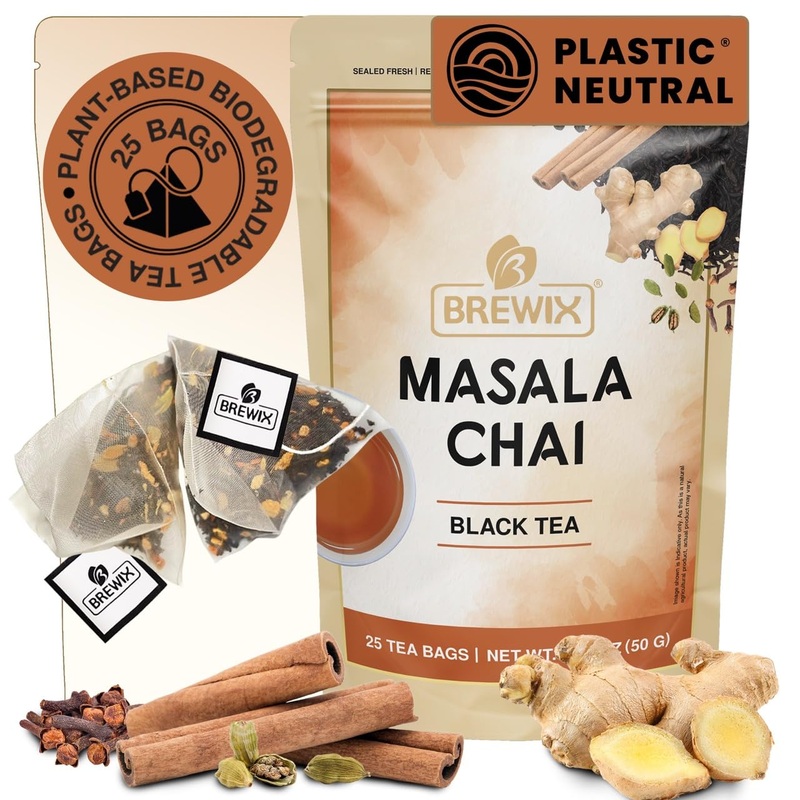 Brewix, Masala Chai Tea Bags (25 Pyramid Tea Bags) Strong, Robust & Spicy – Pure Ingredients | Black Tea, Cinnamon, Ginger, Blac