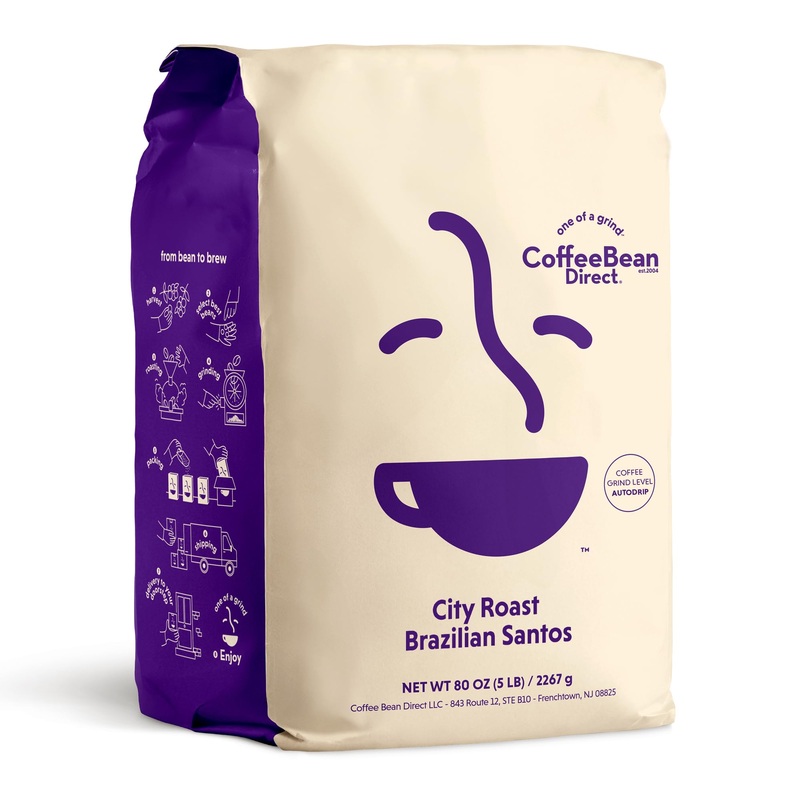 Coffee Bean Direct City Roast Brazilian Santos, Ground Coffee, Medium Roast, 5 Pound Bag (Pack Of 1)