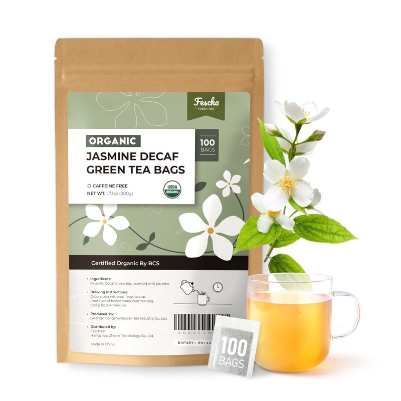 Fescha Organic Decaf Jasmine Green Tea Bags Flower-Scented Tea (100-Count), Eco-Conscious Tea Bags, Packed By Resealable Kraft B