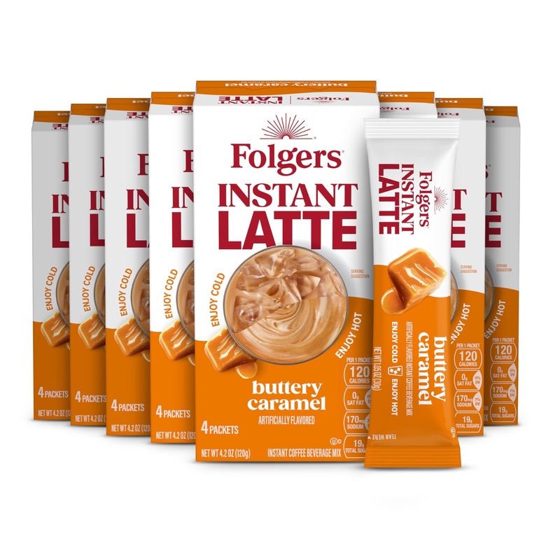 Folgers Buttery Caramel Flavored Instant Latte, 4 Single Serve Packets (Pack Of 8)