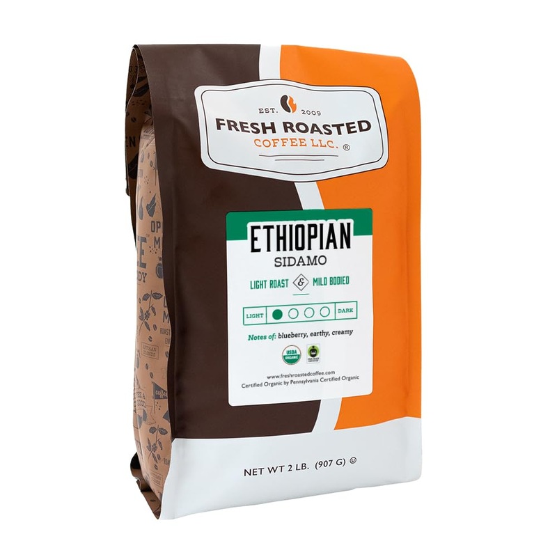 Fresh Roasted Coffee, Fair Trade Organic Ethiopian Sidamo, 2 Lb (32 Oz), Light Roast, Kosher, Ground