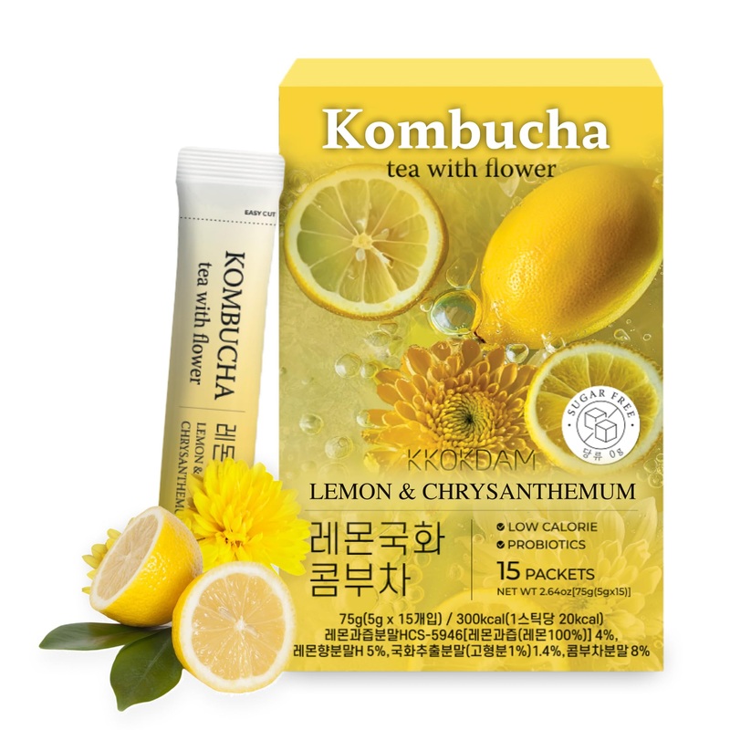 Kkokdam Kombucha Tea – Grapefruit & Hibiscus Korean Tea – Kombucha Drinks Probiotic Support, Low Calorie, Sugar Free Drink Pack