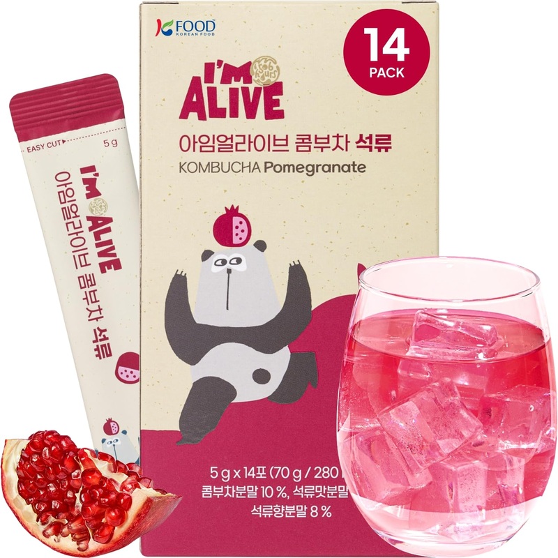 Korean Food I’M Alive Kombucha Powder Pomegranate(5G*14 Sticks) Authentic Fermented Kombucha With Papain & Bromelain For 7 Days,