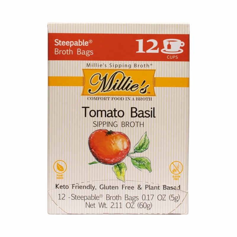 Millies Sipping Broth – Vegetable Broth -Natural-Gluten Free-Keto Friendly Tomato Basil 12 Count Box