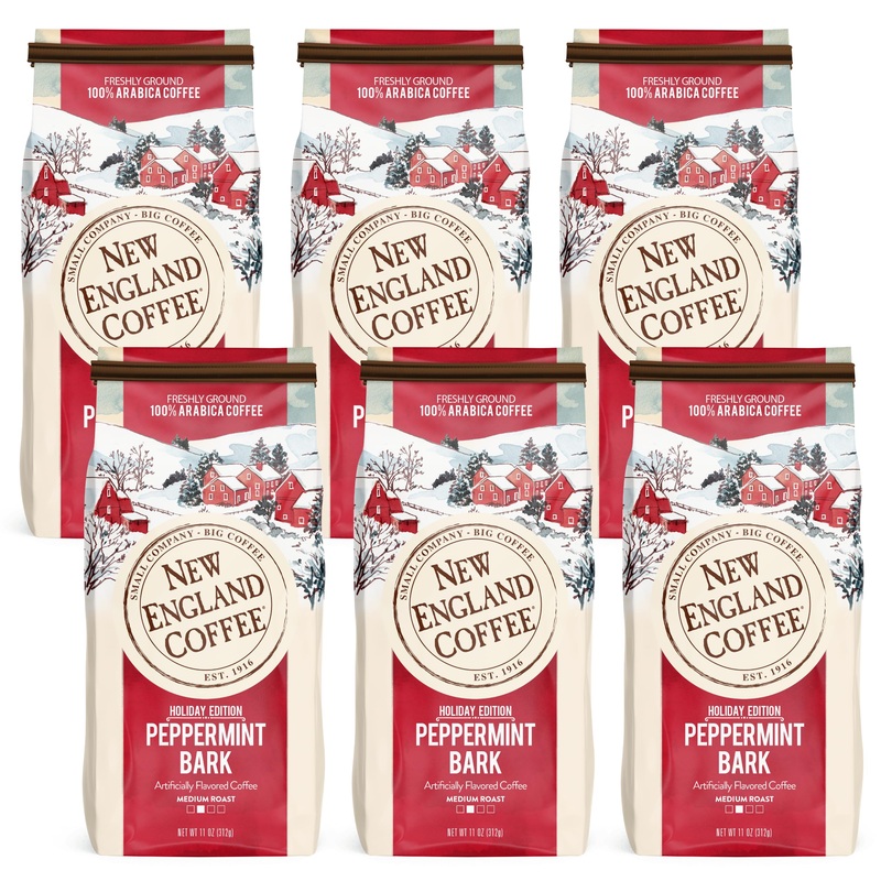 New England Coffee Peppermint Bark Medium Roast Ground Coffee, 11Oz Bag (Pack Of 6)