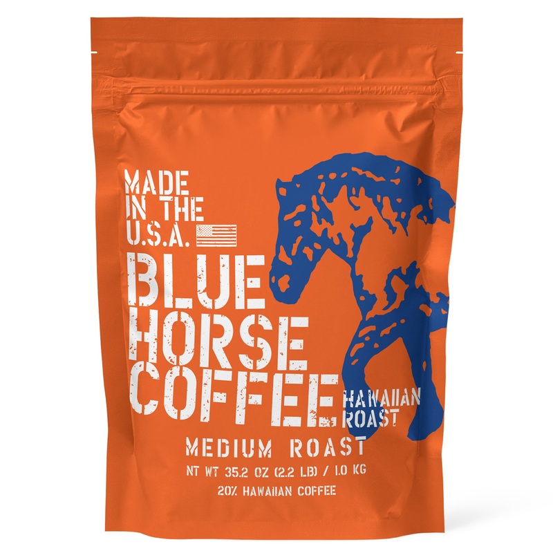 Blue Horse ‘Gentle Giant’ Hawaiian Roast, Arabica Whole Beans Blend (20% Kona), Medium Roast, 2.2 Lbs (35 Oz), Farm-Fresh Arabic