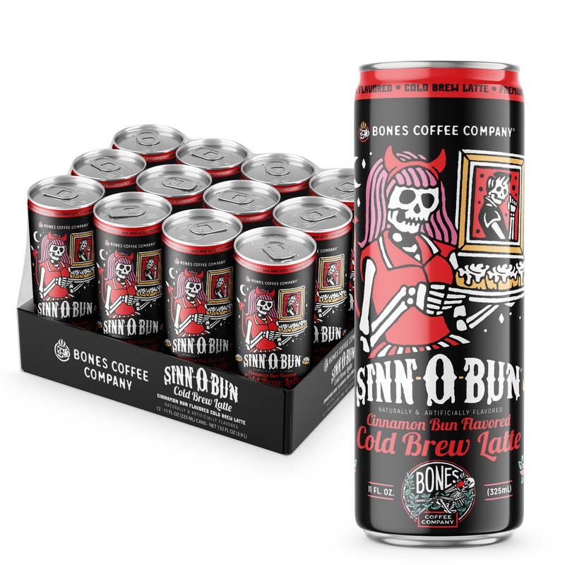 Bones Coffee Company Sinn ‘O’ Bunn Cinnamon Rolls Flavored Cold Brew Latte, Medium Roast Iced Coffee In Can,Ready To Drink, 11 F