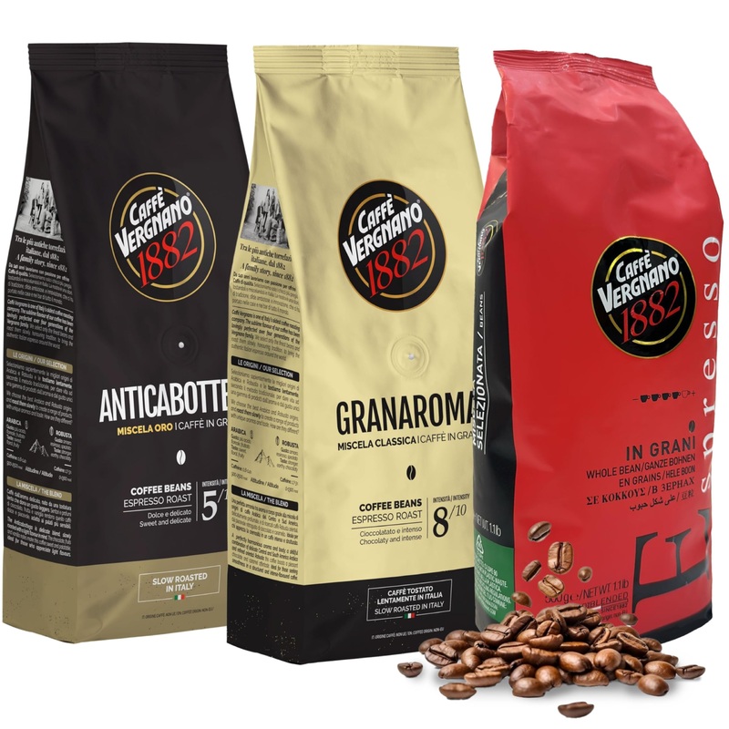 Caffe Vergnano 1882 Granaroma, Espresso, & Antica Bottega Whole Bean Arabica Medium Espresso Roast Coffee, 1.1Lbs Bag – Italian