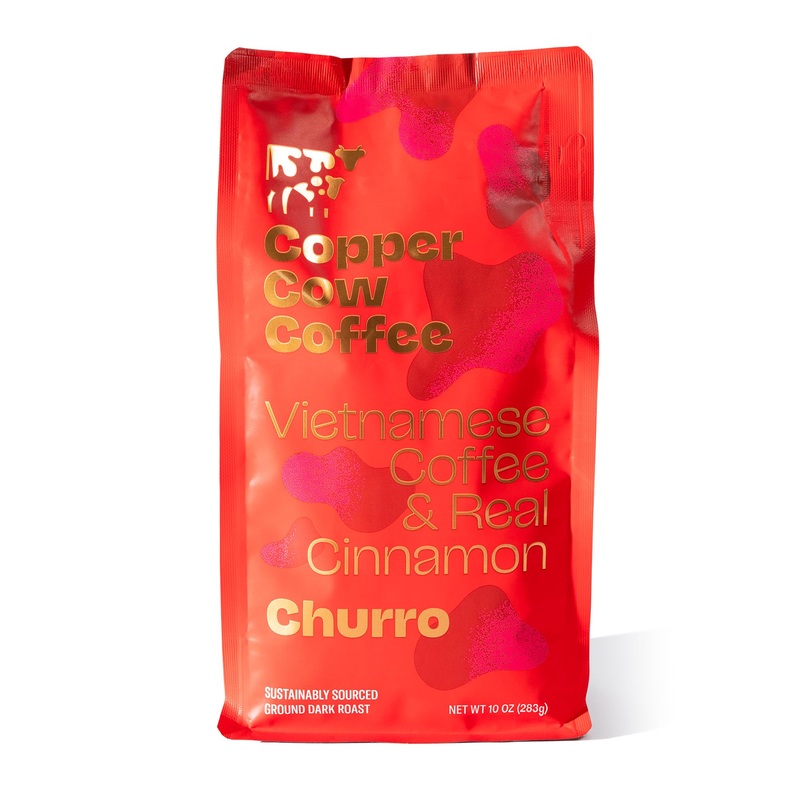 Copper Cow Premium Vietnamese Ground Coffee | Churro | Dark Roast | Flavored With Real Cinnamon | Universal Grind | 10 Oz