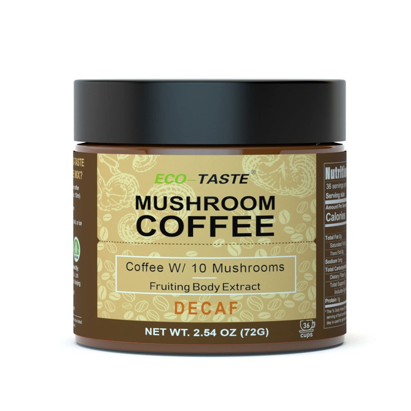 Eco-Taste Decaf Mushroom Coffee – 36 Servings, Instant Coffee Mix Includes 10 Mushrooms Extract Powder, 72 Grams