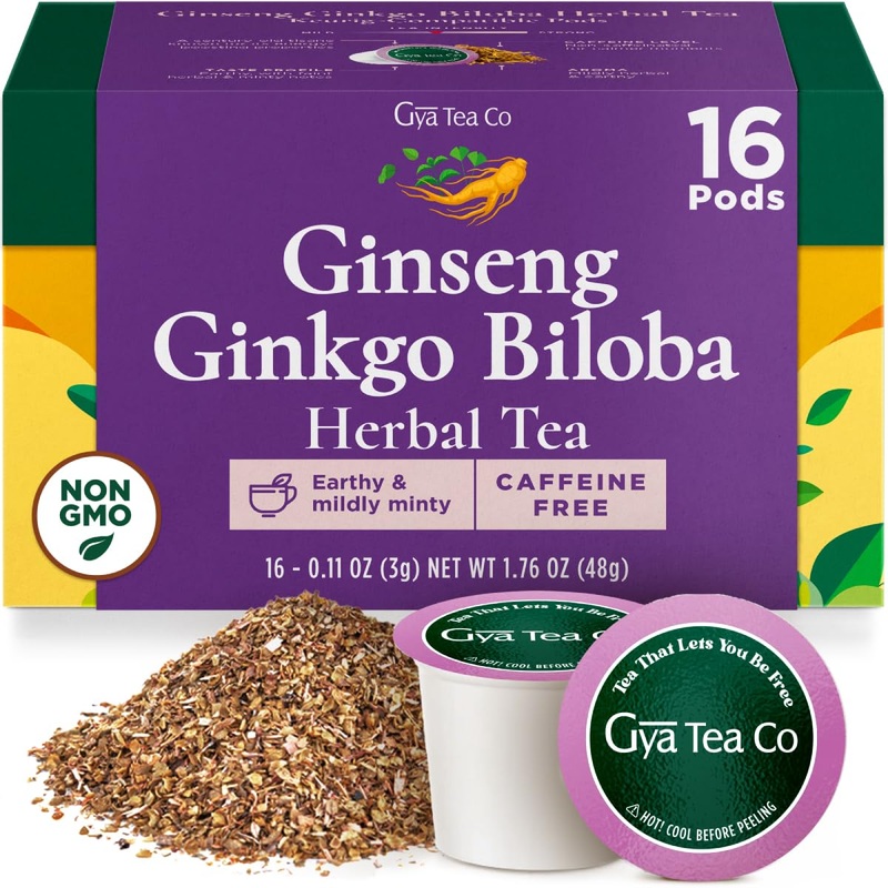 Gya Tea Co Ginkgo Biloba And Ginseng Herbal Tea Pod (16 Ct) – Decaf Wellness Tea For Energy, Relaxing & Digestive Health