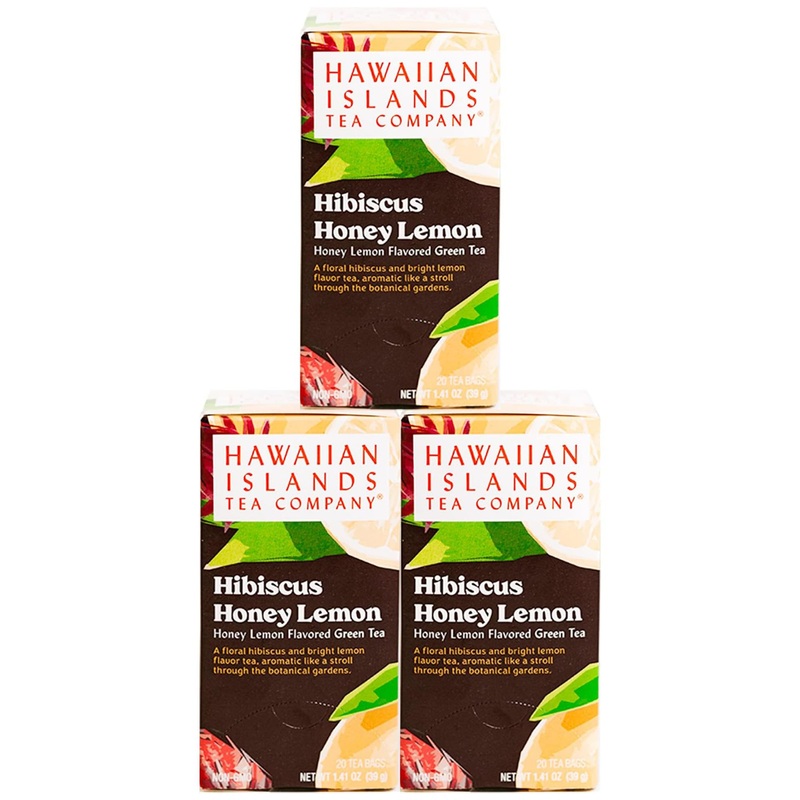 Hawaiian Islands Tea Company Hibiscus Honey Lemon Tropical Green Tea, All Natural – 60 Teabags (3 Boxes)