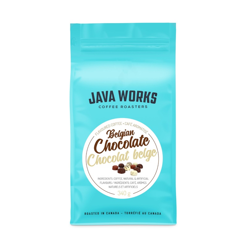 Java Works Coffee – Belgian Chocolate Flavored Coffee | 12 Ounces | Medium Roast | Whole Bean | No Sugar Added