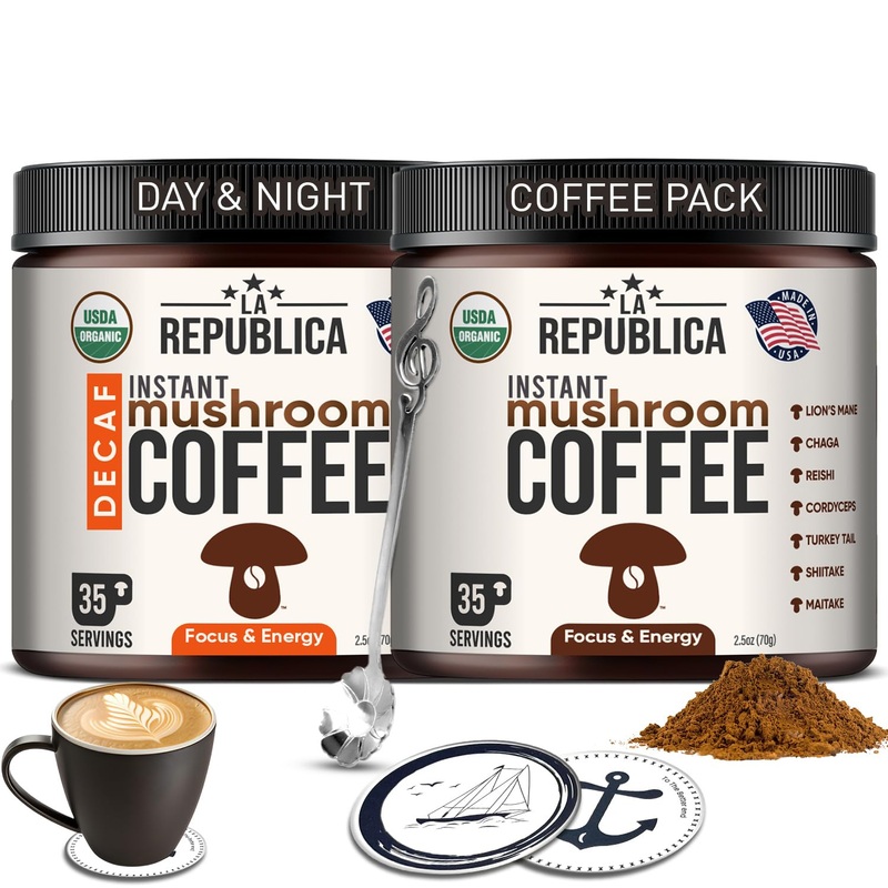 La Republica Organic Instant Mushroom Coffee (2.5Oz) + Decaf (2.5Oz) – 70 Servings With Coasters & Mixing Spoon – 100% Arabica W