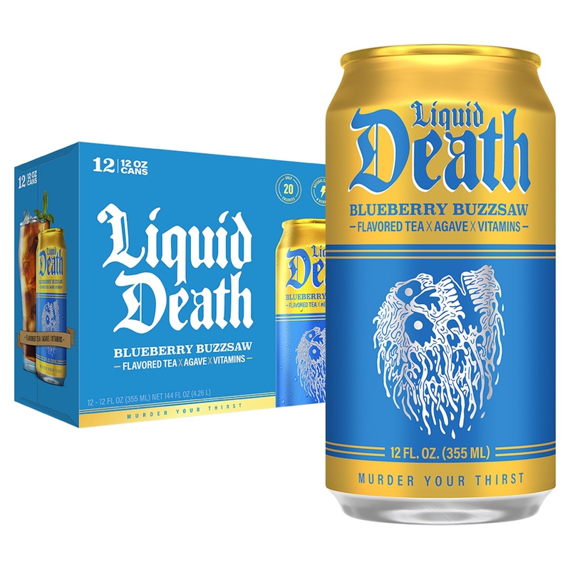 Liquid Death, Blueberry Buzzsaw Flavored Iced Tea, 12-Pack (12 Oz Cans), Blueberry Flavored Black Tea, Low Calorie, No Artificia