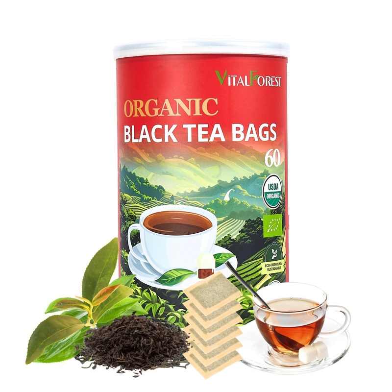 Organic Black Tea Bags| 60 Count Vitalforest Unbleached Eco-Conscious English Breakfast Black Tea Bags| Te Negro Organico Natura