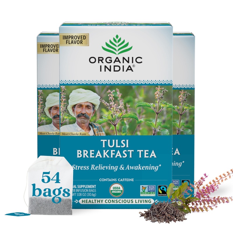 Organic India Tulsi Breakfast Herbal Tea – Black Tea, Holy Basil, Relieve Stress & Energize, Usda Organic, Non-Gmo, Caffeinated