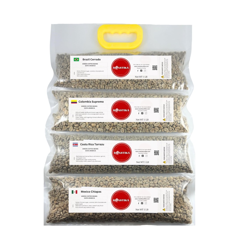 Roastika – Bundle 1 – Unroasted Coffee Bean – 4Lb (Pack Of 4) – Sampler Pack – (Brazil Cerrado/Colombia Supremo/Costa Rica/Mexic