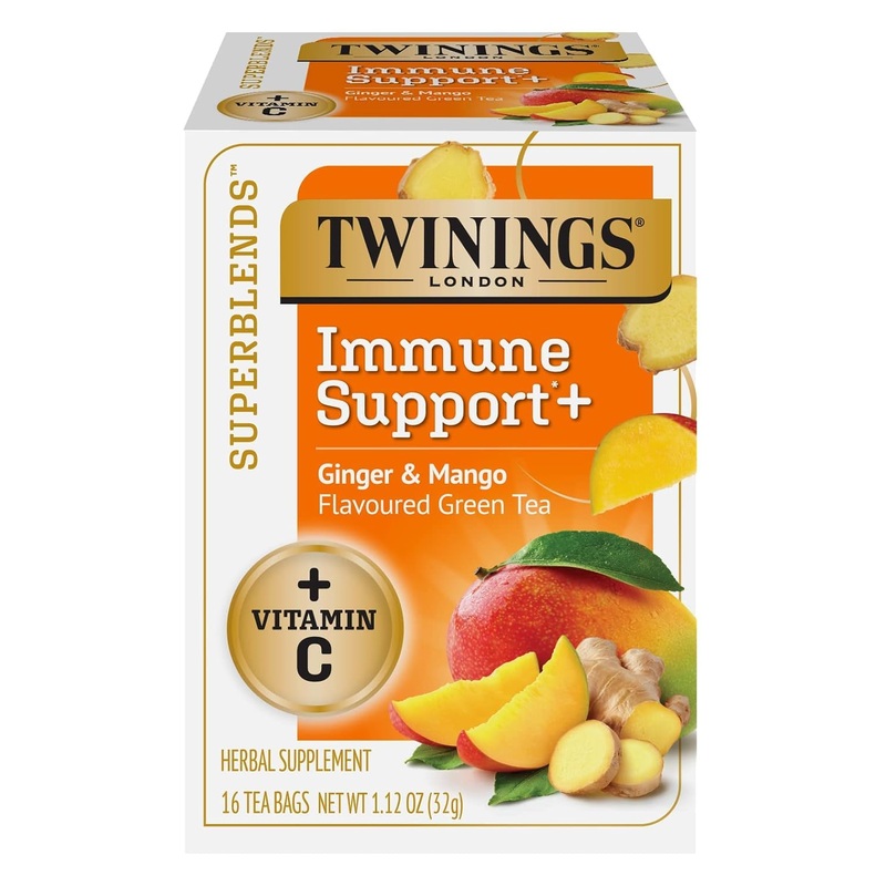 Twinings Superblends Immune Support+ Herbal Tea With Vitamin C, Ginger & Mango Flavoured Green Tea, 16 Tea Bags (Pack Of 1), Enj