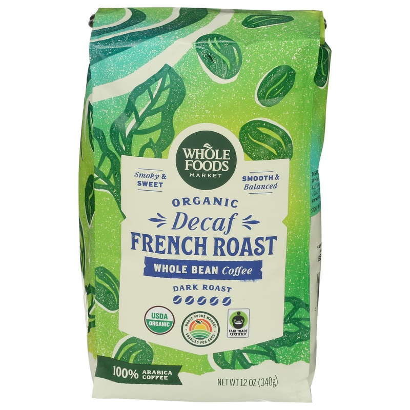 Whole Foods Market, Organic Decaf Whole Bean Coffee, Dark French Roast, Smoky & Sweet, Smooth & Balanced, 12 Ounce