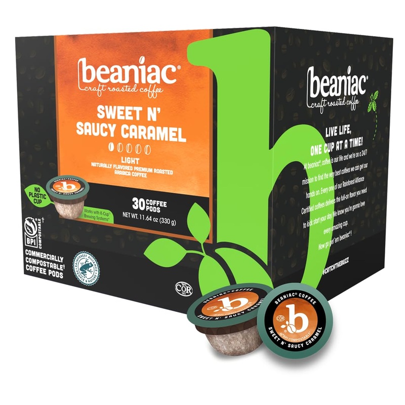 beaniac Sweet n’ Saucy Caramel Light Roast K Cup Coffee Pods, 30 Count, Compostable, Arabica Coffee, Compatible with Keurig Brewer