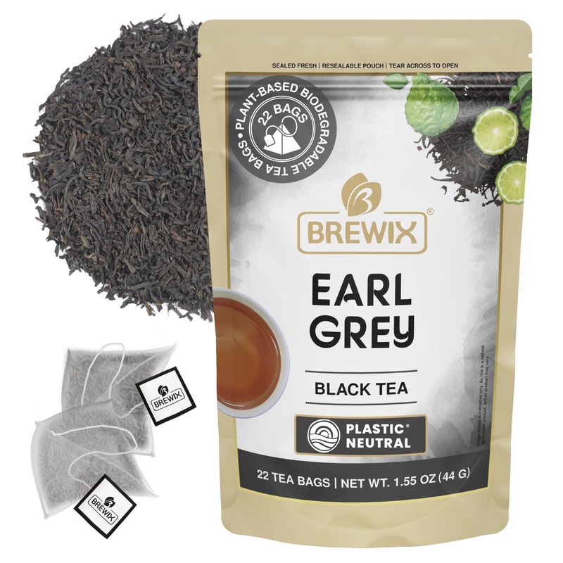 Brewix, Earl Grey Tea Bags (22 Pyramid Tea Bags) Long Leaf Indian Black Tea With Bergamot, Packed In Resealable Ziplock Pouch |
