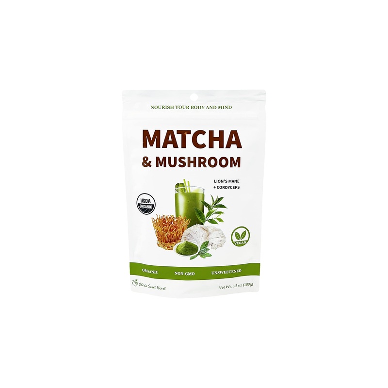 Chrie Sweet Heart Organic Matcha Latte Powder, 3.5 oz – Vegan, Non-GMO, Gluten-Free, Coffee Substitute, Matcha & Mushroom Blend