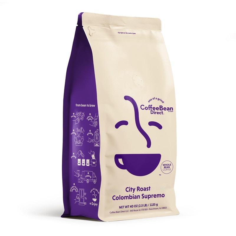 Coffee Bean Direct City Roast Colombian Supremo, Whole Bean Coffee, Medium Roast, 2.5 Pound Bag (Pack Of 1)
