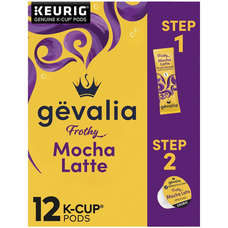 Gevalia Frothy 2-Step Mocha Latte Espresso K-Cup Coffee Pods & Froth Packets Kit, 12 Count