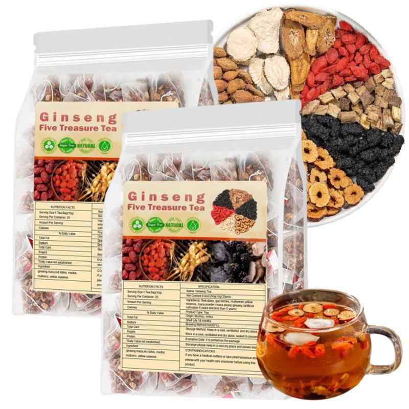 Ginseng Five Treasure Tea – Kidney Tea Wubao Tea, Ginseng Kidney Tea Formula Five Treasure Red Date Natural Chinese Herbal Tea,