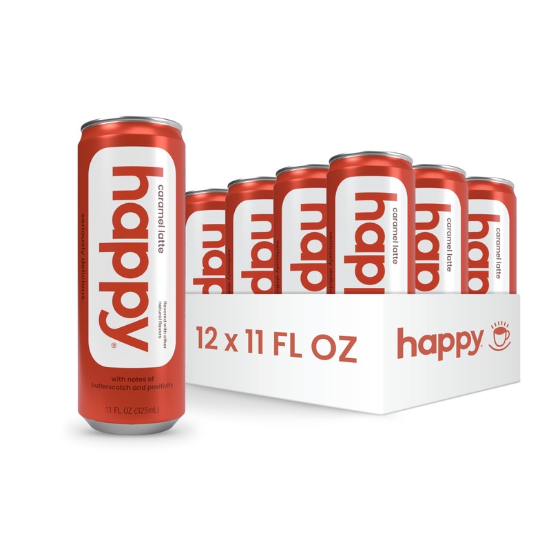 Happy Coffee Canned Caramel Latte, 11 Oz. Cans, 12 Pack, Notes Of Marshmallow & Comfort, 100% Arabica Beans, No Artificial Flavo