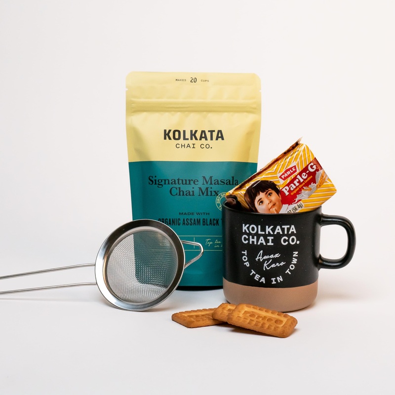Kolkata Chai – Signature Masala Chai Mix – Gift Box Includes Mug And Strainer – 100% Organic Black Tea, Makes 20 Cups, Premium L