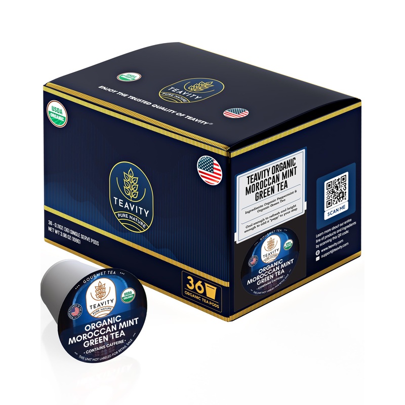 Organic Moroccan Mint Tea And Green Tea Pods For Keurig – Caffeinated Unsweet Tea For K Cup Brewing By Teavity (36 Tea Pods)