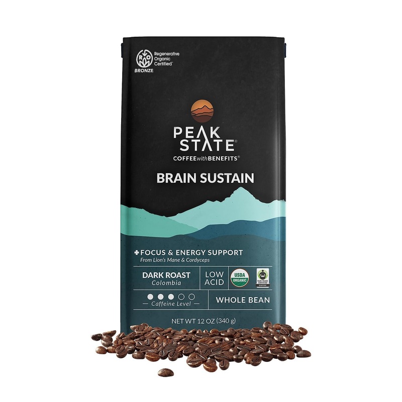 Peak State Brain Sustain Coffee – Dark Roast – Whole Bean Lion’S Mane Mushroom Coffee – Mold Free, Mycotoxin Free, Organic, Non-